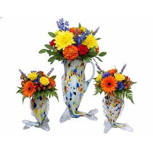 Murano Rainbow Confetti Fish Vase  Pitcher Glasses Sculpture Art Glass Set of 3